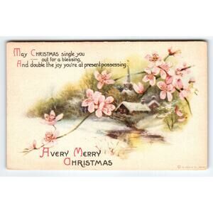 Vintage Christmas Postcard by Wolf & Co. with Blossoms & Snowy Cottage